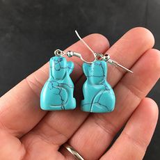 Carved Synthetic Turquoise Blue Sitting Dog Earrings #jWzbs3H8Sa4