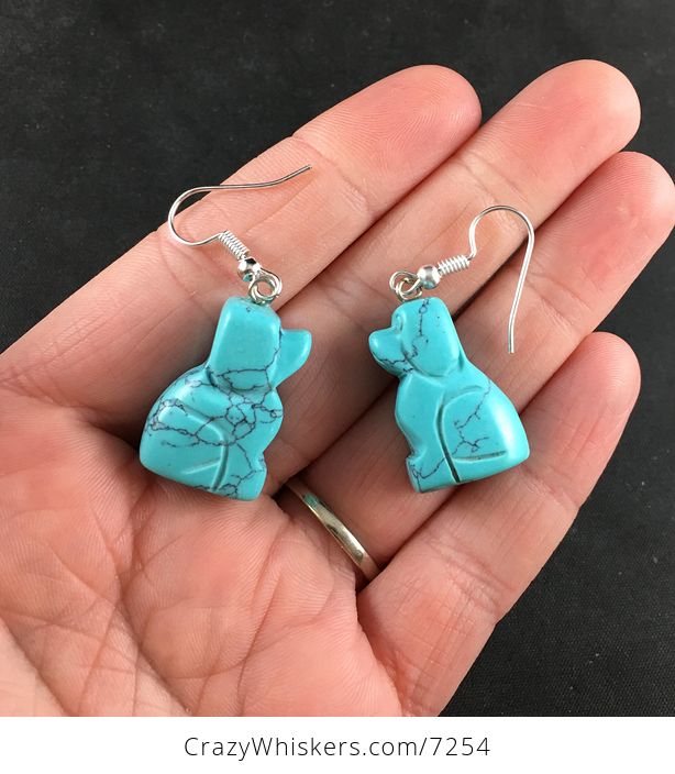Carved Synthetic Turquoise Blue Sitting Dog Earrings - #jWzbs3H8Sa4-2