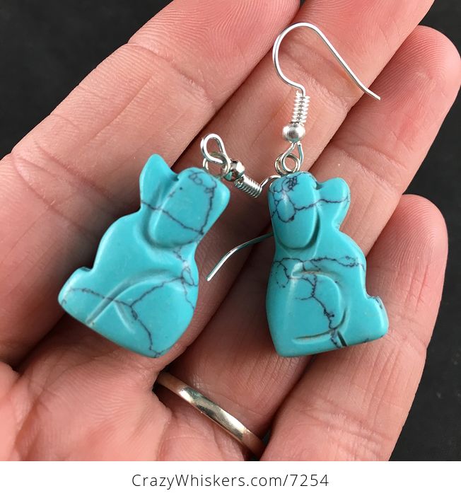 Carved Synthetic Turquoise Blue Sitting Dog Earrings - #jWzbs3H8Sa4-3