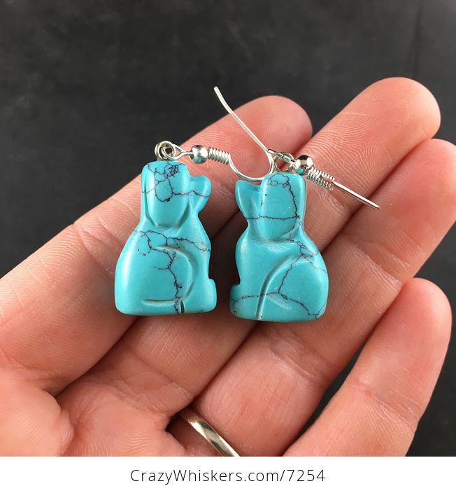 Carved Synthetic Turquoise Blue Sitting Dog Earrings - #jWzbs3H8Sa4-1
