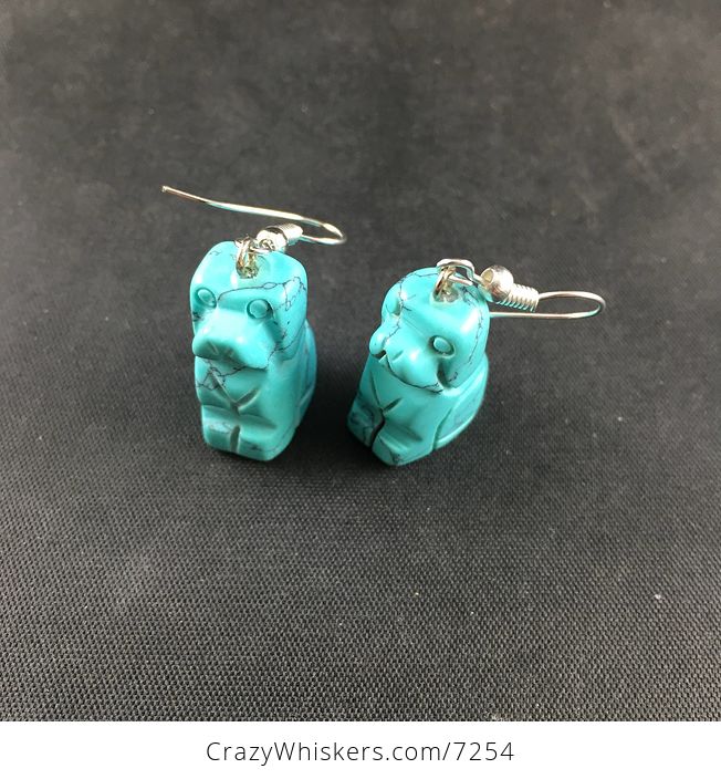 Carved Synthetic Turquoise Blue Sitting Dog Earrings - #jWzbs3H8Sa4-4