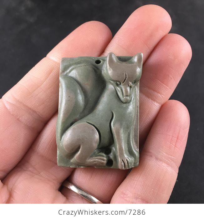 Carved Tan and Green Sitting Fox Ribbon Jasper Stone Pendant Jewelry - #7FaQ3Cy5umM-1