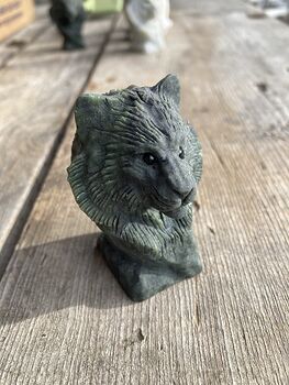 Carved Tiger Head Bust Figurine in Dark Green Stone #DoUMcNxRCog