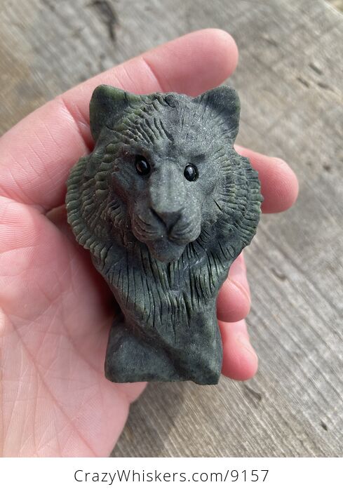 Carved Tiger Head Bust Figurine in Dark Green Stone - #DoUMcNxRCog-3