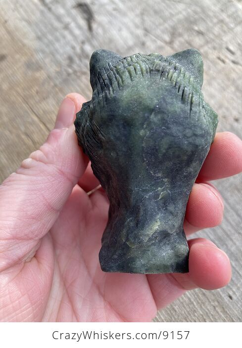 Carved Tiger Head Bust Figurine in Dark Green Stone - #DoUMcNxRCog-5