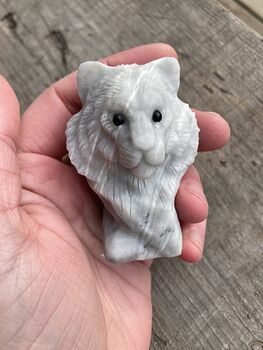 Carved Tiger Head Bust Figurine in off White Dendritic Stone #tWY8ifYcF7o