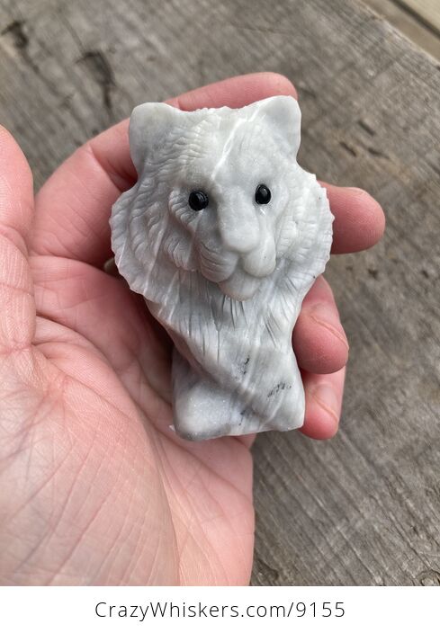 Carved Tiger Head Bust Figurine in off White Dendritic Stone - #tWY8ifYcF7o-1