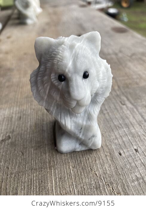 Carved Tiger Head Bust Figurine in off White Dendritic Stone - #tWY8ifYcF7o-2