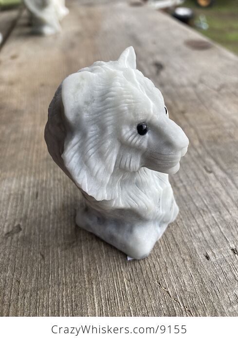 Carved Tiger Head Bust Figurine in off White Dendritic Stone - #tWY8ifYcF7o-3
