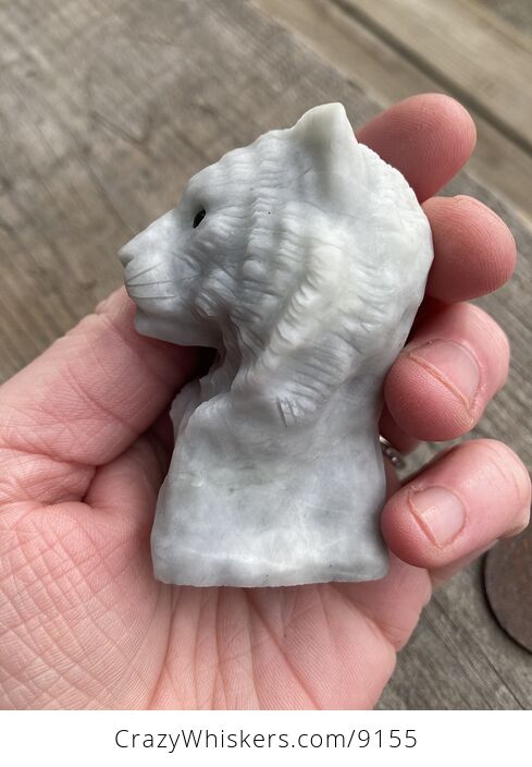 Carved Tiger Head Bust Figurine in off White Dendritic Stone - #tWY8ifYcF7o-8