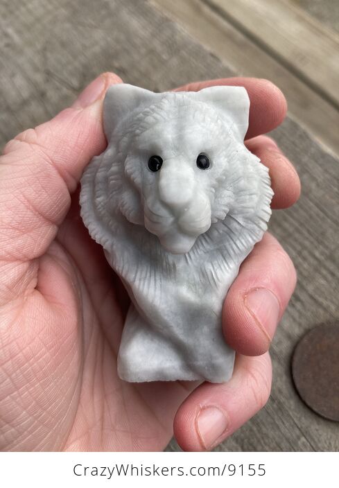 Carved Tiger Head Bust Figurine in off White Dendritic Stone - #tWY8ifYcF7o-7