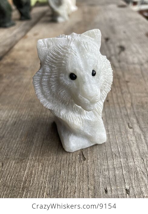 Carved Tiger Head Bust Figurine in off White Pastel Green Stone - #wCK5KGEnISo-5