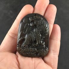 Carved Tiger in Dark Brown Chinese Jade Stone Pendant Jewelry #UrDD6wHIihI