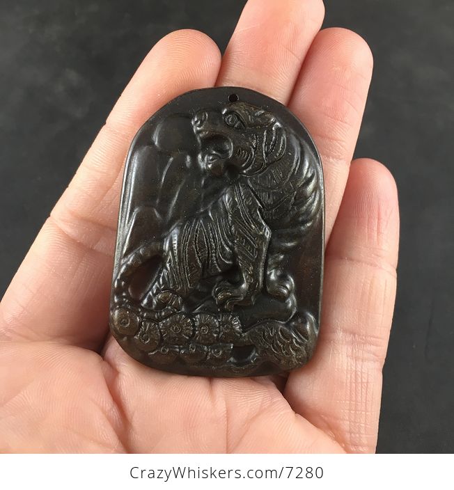 Carved Tiger in Dark Brown Chinese Jade Stone Pendant Jewelry - #UrDD6wHIihI-1