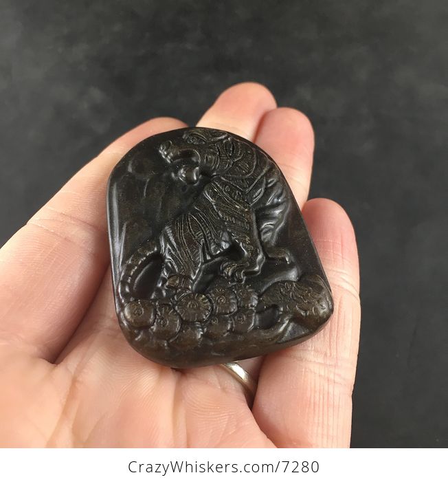Carved Tiger in Dark Brown Chinese Jade Stone Pendant Necklace Jewelry - #UrDD6wHIihI-4