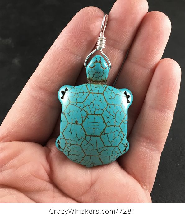 Carved Turtle Dyed Magnesite Blue Turquoise Stone Pendant - #50LVFppl8pc-1