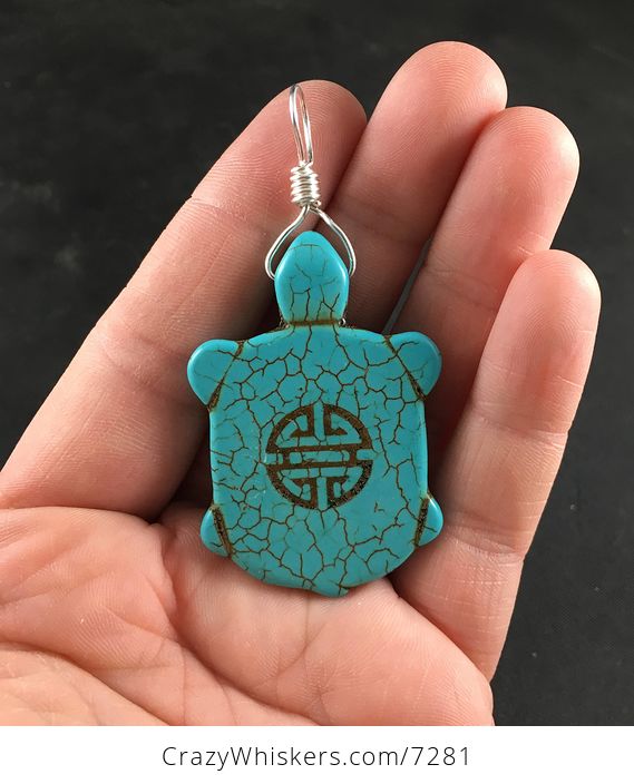 Carved Turtle Tortoise Blue Turquoise Stone Pendant Necklace - #50LVFppl8pc-2