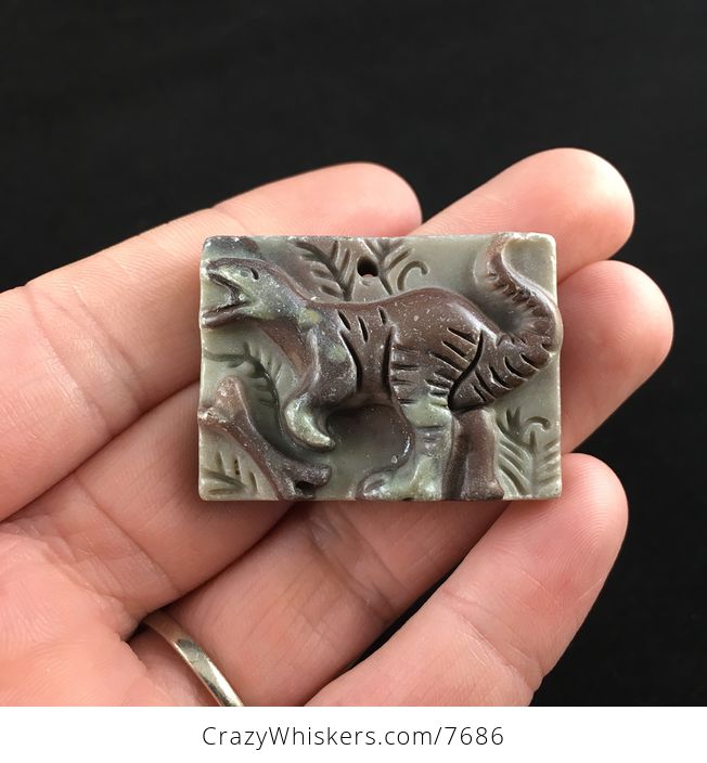 Carved Tyrannosaurs Rex Dinosaur Ribbon Jasper Stone Pendant Necklace Jewelry - #4yit2ZWoo0Y-1
