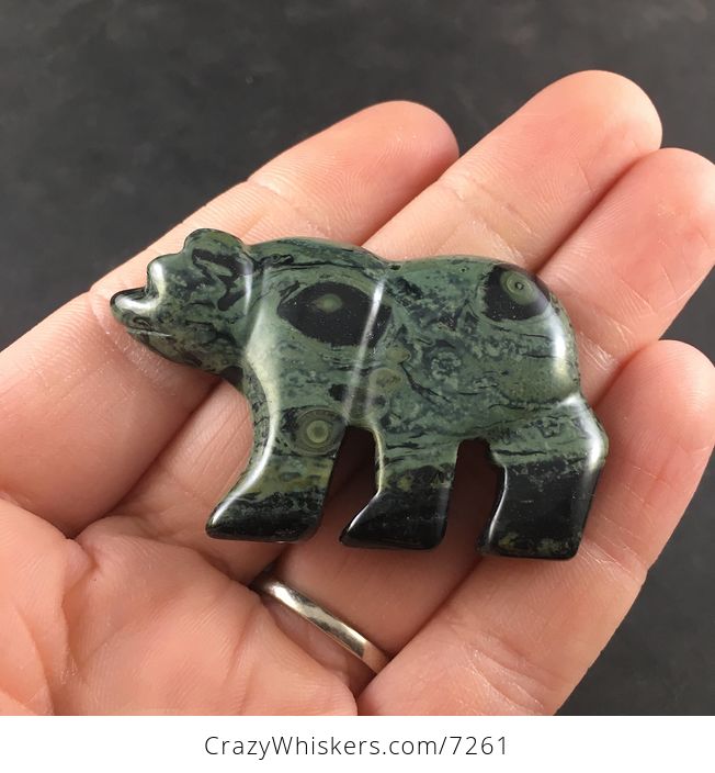 Carved Walking Bear Green Kambaba Jasper Stone Pendant Necklace Jewelry - #9VCmGnuYhN0-2