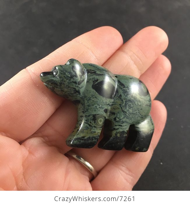 Carved Walking Bear Green Kambaba Jasper Stone Pendant Necklace Jewelry - #9VCmGnuYhN0-3