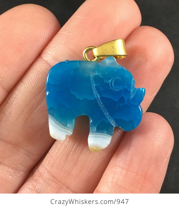 Carved White and Blue Elephant Shaped Druzy Agate Stone Pendant Necklace - #mPNIUbBO8os-2