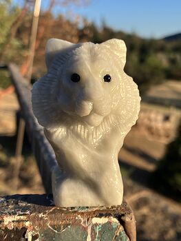 Carved White Tiger Head Bust Figurine in off White Pastel Green Stone #iS1GI9ReANg