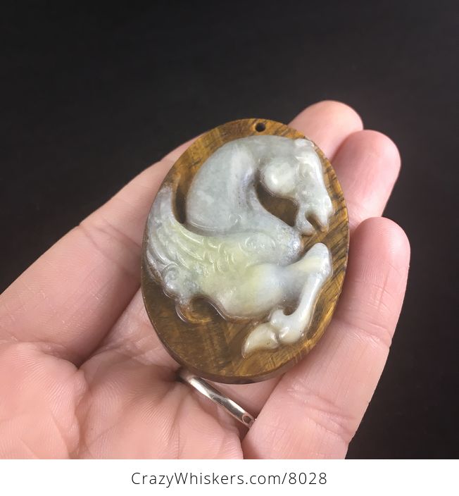 Carved Winged Pegasus Horse in Amazonite and Tiger Eye Stone Jewelry Pendant - #wX72I7T7mhg-2