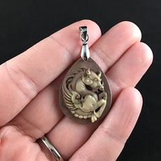 Carved Winged Pegasus Horse in Brown Ribbon Jasper Stone Jewelry Pendant #bet8nMsDAJs
