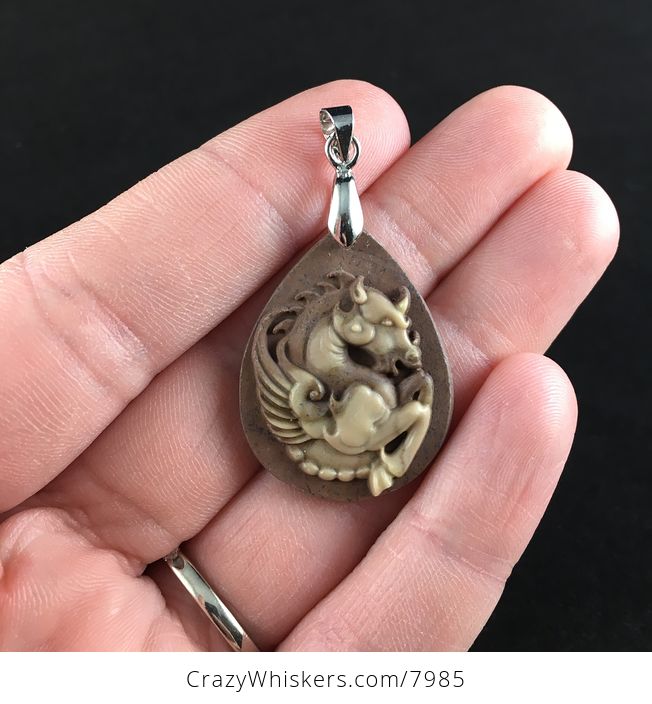 Carved Winged Pegasus Horse in Brown Ribbon Jasper Stone Jewelry Pendant - #bet8nMsDAJs-1