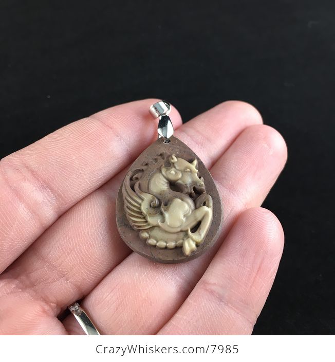 Carved Winged Pegasus Horse in Brown Ribbon Jasper Stone Jewelry Pendant - #bet8nMsDAJs-5