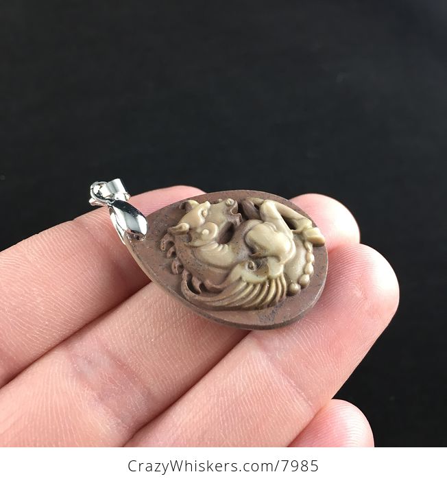 Carved Winged Pegasus Horse in Brown Ribbon Jasper Stone Jewelry Pendant - #bet8nMsDAJs-3
