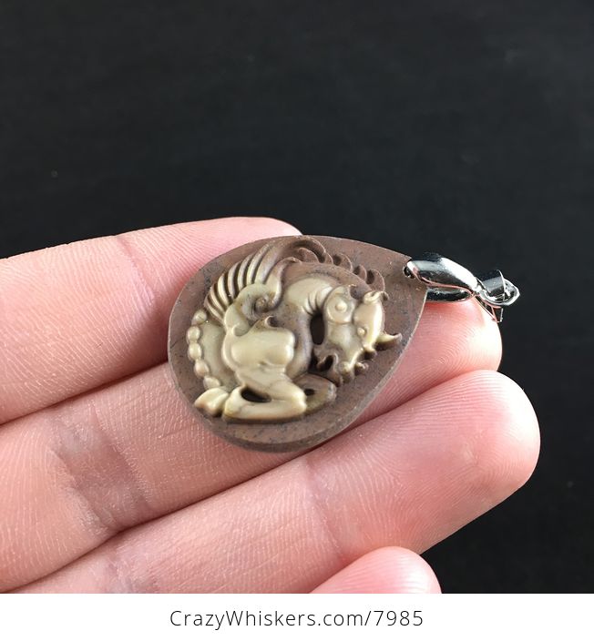 Carved Winged Pegasus Horse in Brown Ribbon Jasper Stone Jewelry Pendant - #bet8nMsDAJs-4
