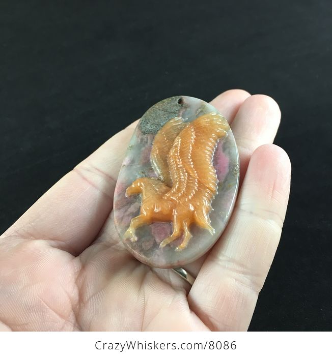 Carved Winged Pegasus Horse in Orange Chalcedony and Rhodonite Stone Jewelry Pendant - #MkyReOyZ0P4-2