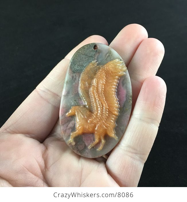 Carved Winged Pegasus Horse in Orange Chalcedony and Rhodonite Stone Jewelry Pendant - #MkyReOyZ0P4-1
