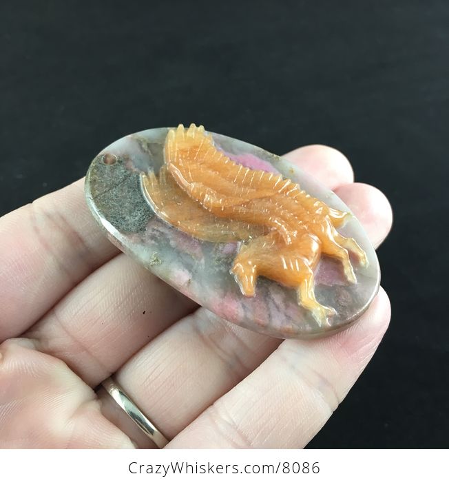 Carved Winged Pegasus Horse in Orange Chalcedony and Rhodonite Stone Jewelry Pendant - #MkyReOyZ0P4-4