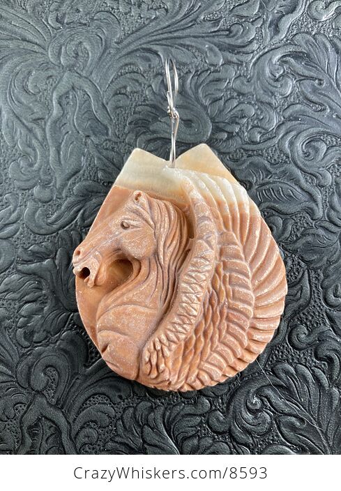 Carved Winged Pegasus Horse in Profile Matte Orange Jasper Stone Pendant Jewelry - #XvcDR2vPQF8-1