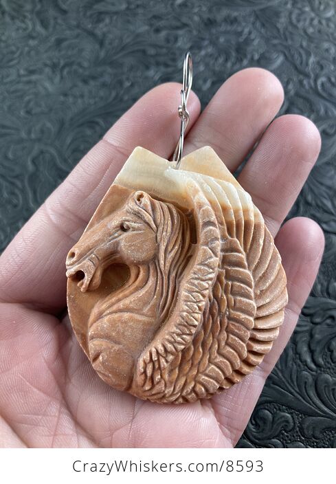 Carved Winged Pegasus Horse in Profile Matte Orange Jasper Stone Pendant Jewelry - #XvcDR2vPQF8-6