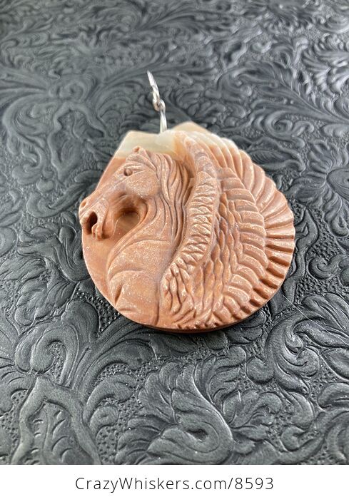 Carved Winged Pegasus Horse in Profile Matte Orange Jasper Stone Pendant Jewelry - #XvcDR2vPQF8-3