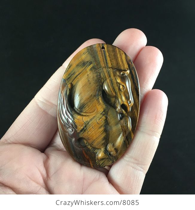 Carved Winged Pegasus Horse Tiger Eye Stone Jewelry Pendant - #oL90K06wQaY-1