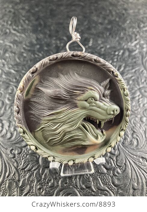 Carved Wolf Head in Jasper Stone Jewelry Pendant Ornament Mini Art - #fT4hedHeqvQ-7