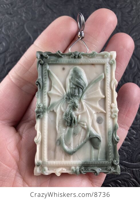 Carved Woman and Pet Dragon Jasper Stone Pendant Jewelry Ornament Mini Art - #vKeRpizNdJo-2