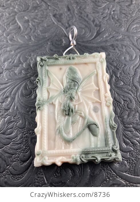 Carved Woman and Pet Dragon Jasper Stone Pendant Jewelry Ornament Mini Art - #vKeRpizNdJo-4