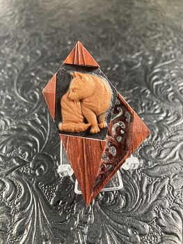 Cat Carved Mini Art Jasper Stone and Wood Pendant Cabochon Jewelry #9DouNnnlsMg
