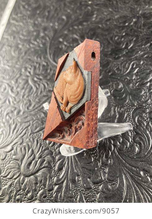 Cat Carved Mini Art Jasper Stone and Wood Pendant Cabochon Jewelry - #9DouNnnlsMg-3