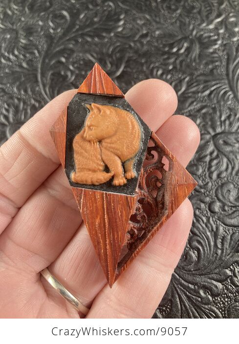 Cat Carved Mini Art Jasper Stone and Wood Pendant Cabochon Jewelry - #9DouNnnlsMg-4