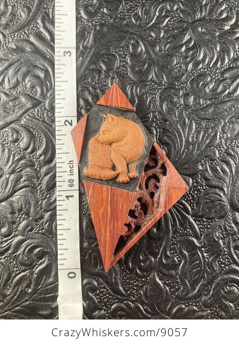 Cat Carved Mini Art Jasper Stone and Wood Pendant Cabochon Jewelry - #9DouNnnlsMg-6