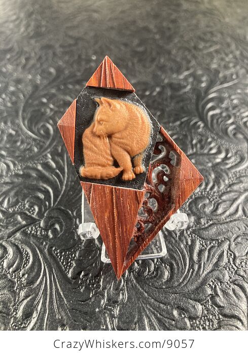 Cat Carved Mini Art Jasper Stone and Wood Pendant Cabochon Jewelry - #9DouNnnlsMg-1