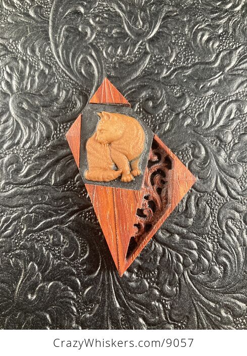 Cat Carved Mini Art Jasper Stone and Wood Pendant Cabochon Jewelry - #9DouNnnlsMg-5