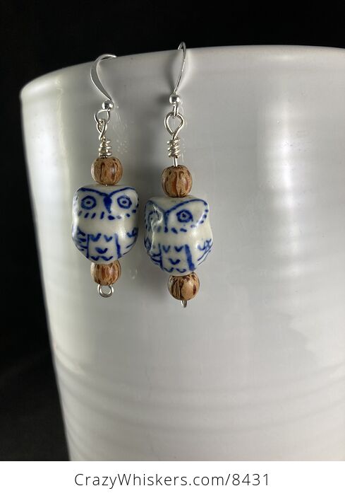 Ceramic Owl and Wood Bead Earrings - #JPmcYjkZzHU-5