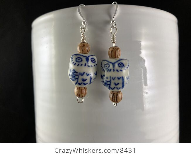 Ceramic Owl and Wood Bead Earrings - #JPmcYjkZzHU-3